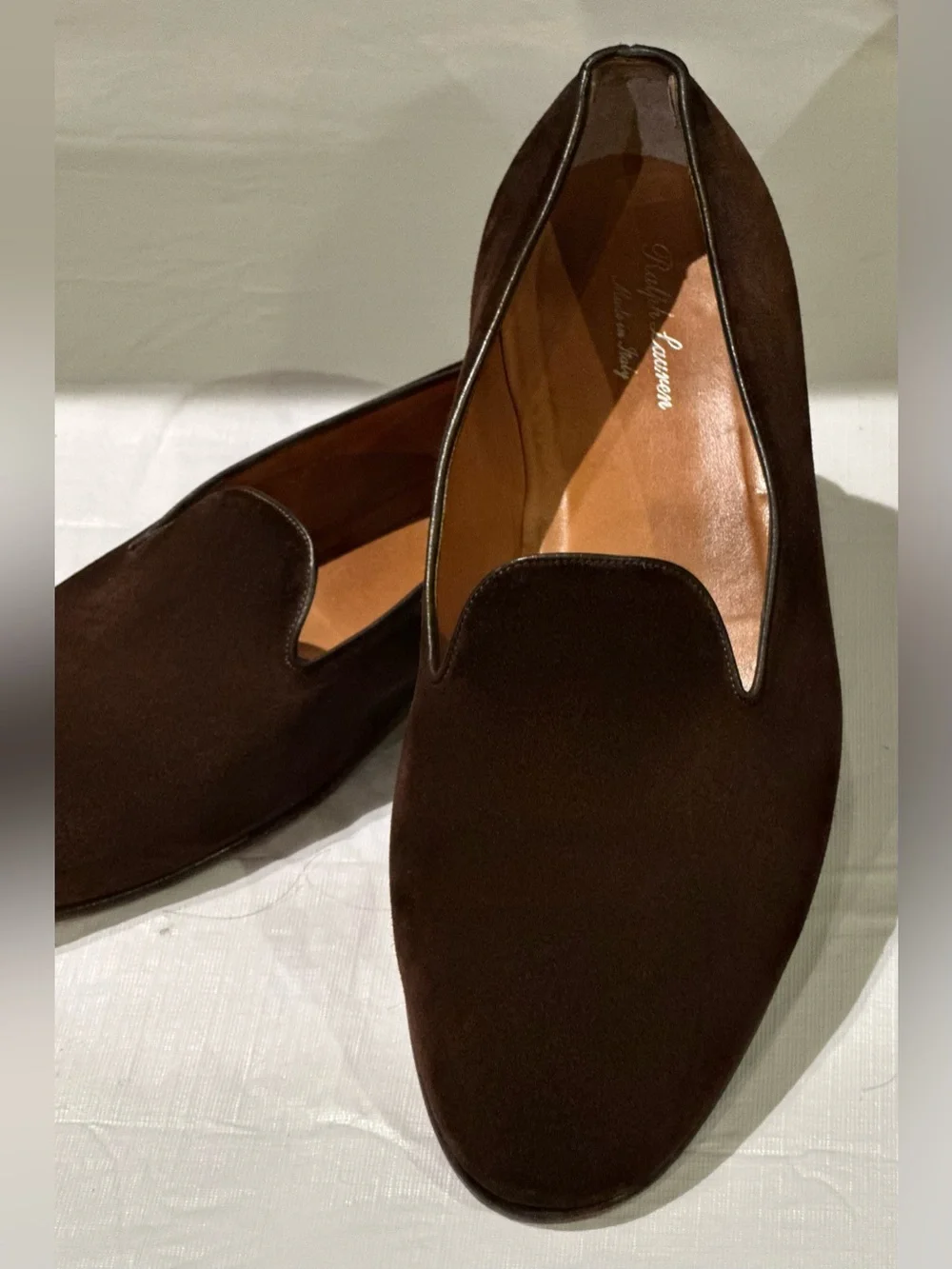 $1195 RALPH LAUREN PURPLE LABEL SHOES 13 D BROWN SUEDE SLIPPERS SLIP ON LOAFER